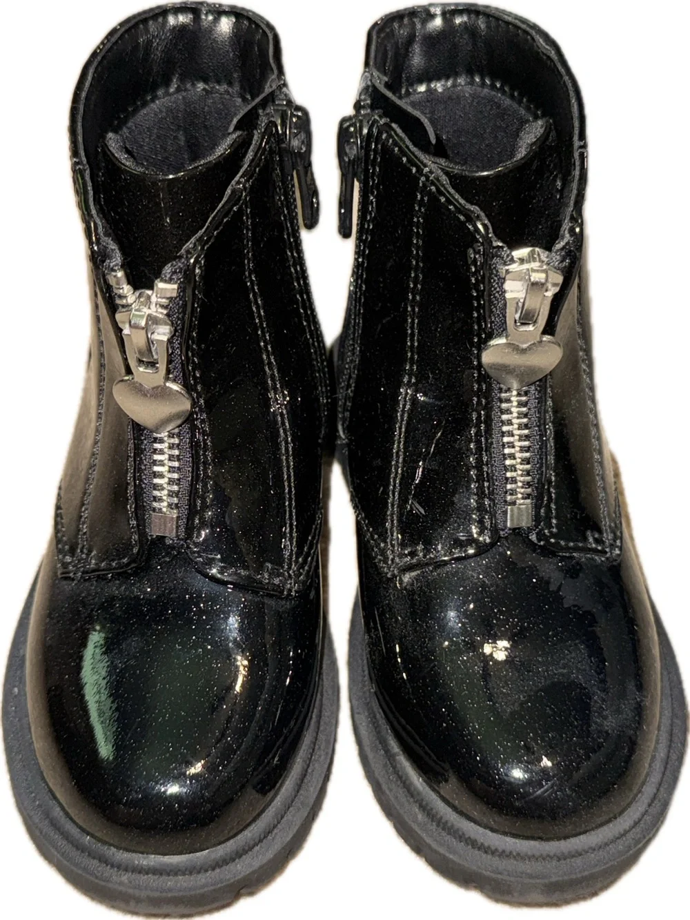 Cat & Jack Black Patent Ankle Glitter Boots with Front Heart Zipper
